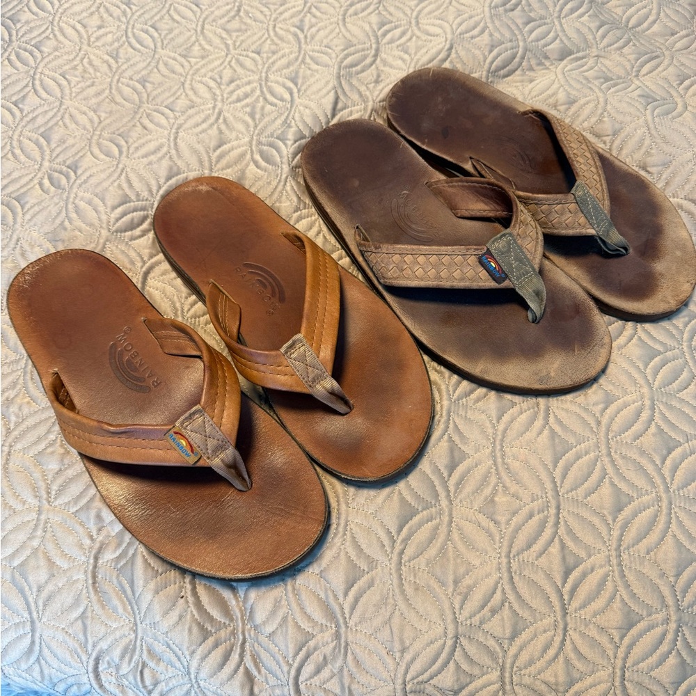 Rainbow Brown Leather Flip Flops